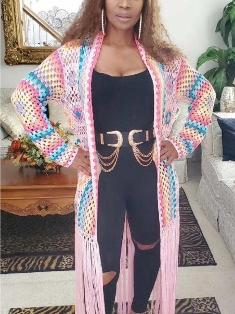 Pink Multi-Color Crochet Fringe Cardigan Sweater